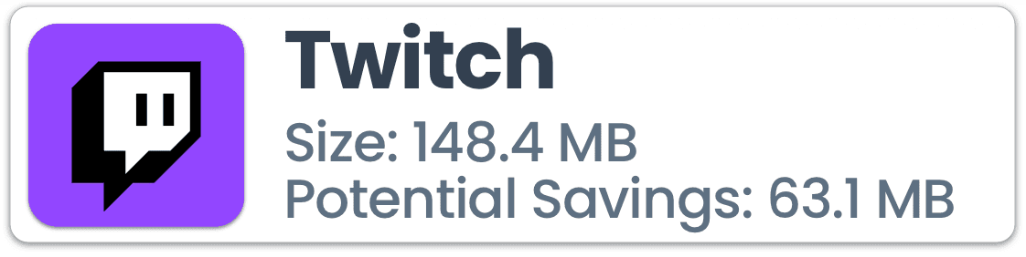 Twitch app logo and title, with additional text showing the app size could be reduced by almost 45%.