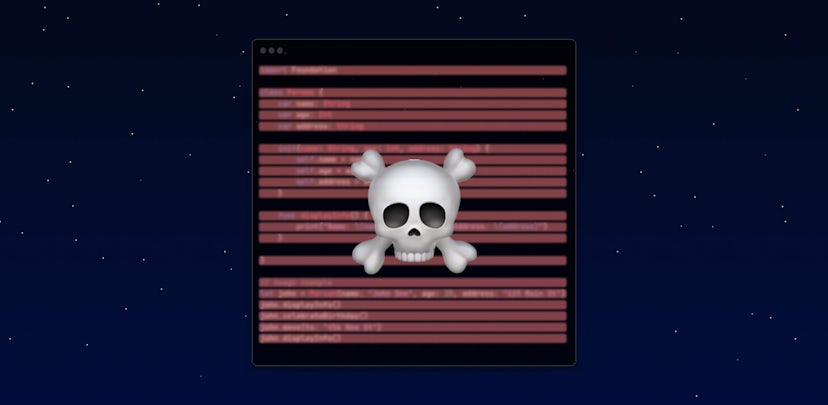 A graphic of a skull and crossbones over a code editor with all code lines being removed (red overlay)