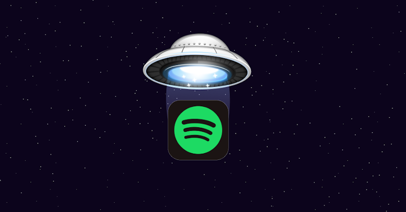 Graphic of the Emerge UFO logo hovering over the Spotify app icon