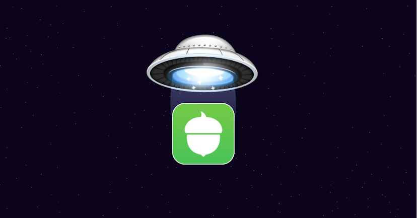 Graphic of the Emerge UFO logo hovering over the Acorns app icon