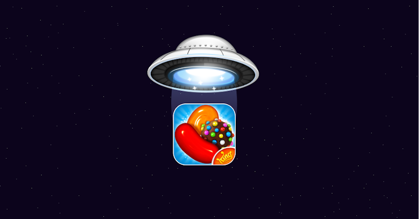 Graphic of the Emerge UFO logo hovering over the Candy Crush Saga app icon