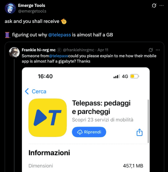 Screenshot of Telepass app size analysis