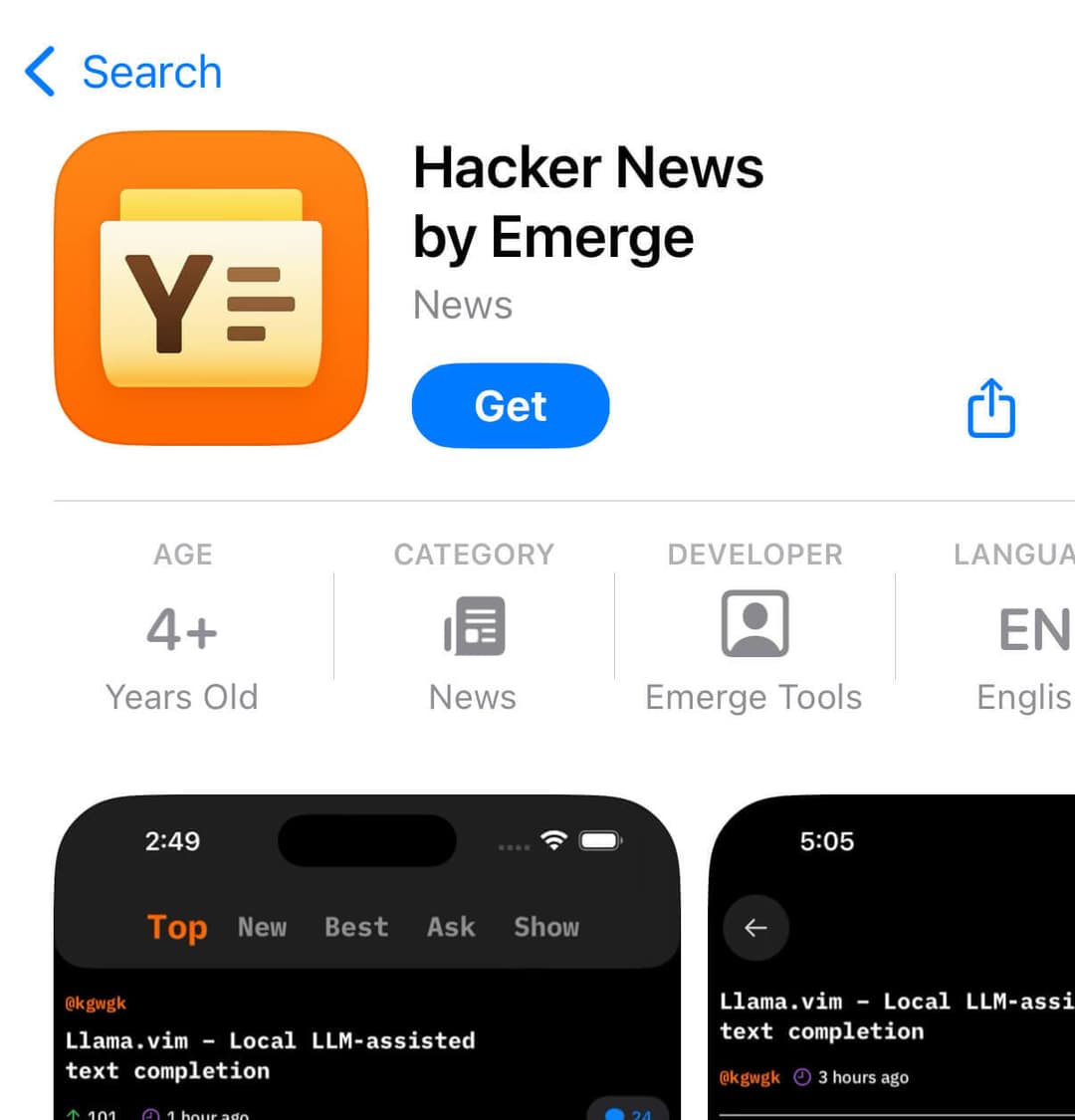 Screenshot of Hacker News app in App Store