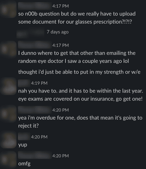 screenshot of slack messages about sending glasses perscription to buy the Vision Pro
