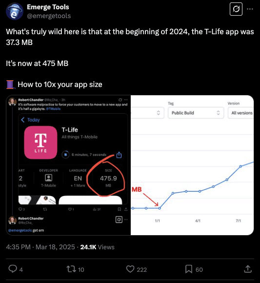 Screenshot of T-Life app size analysis