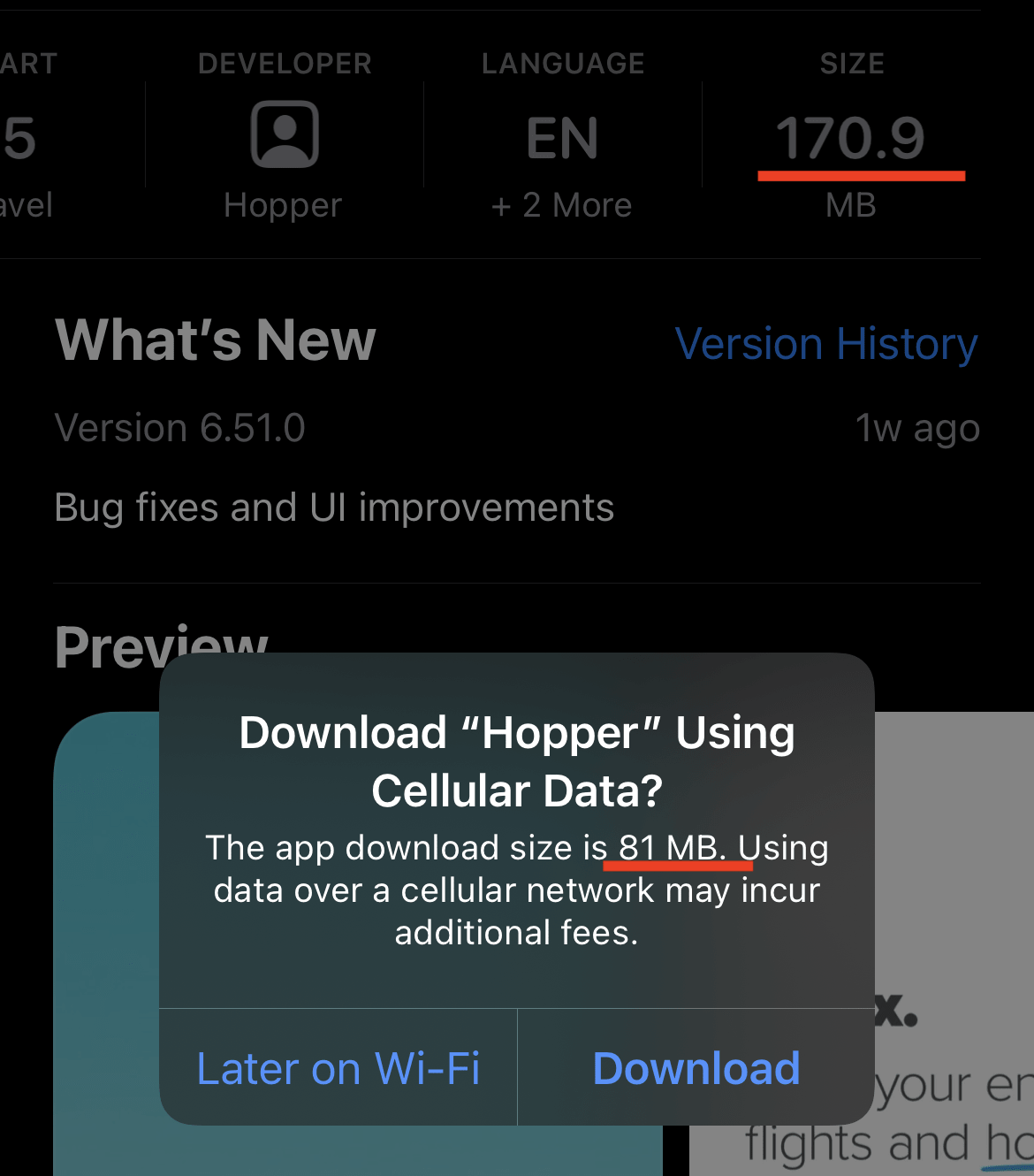 Screenshot showing the download size of Hopper is 81 megabytes.