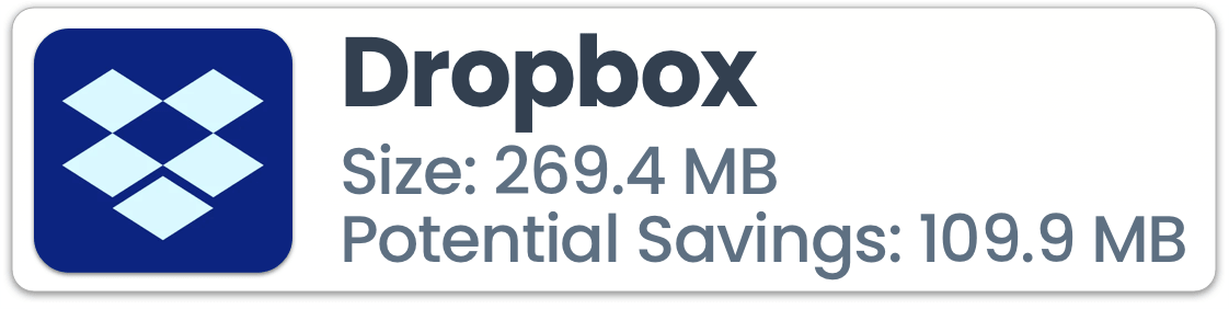 Dropbox IOS app logo and title, with additional text showing the app size could be reduced by around 40%.