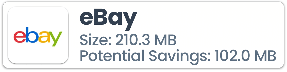 eBay app logo and title, with additional text showing the app size could be reduced by around 50%.