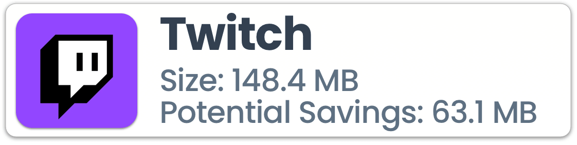 Twitch app logo and title, with additional text showing the app size could be reduced by almost 45%.