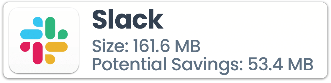 Slack app logo and title, with additional text showing the app size could be reduced by around 30%