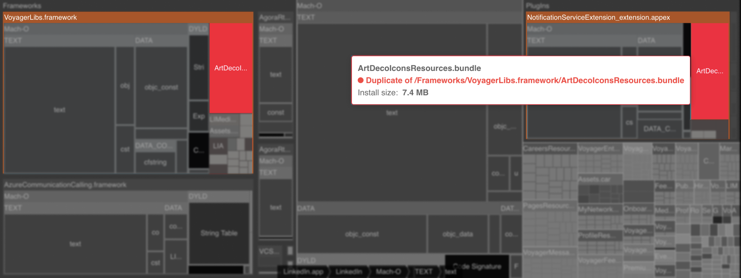 Treemap showing a duplicated file across a framework and a plugin