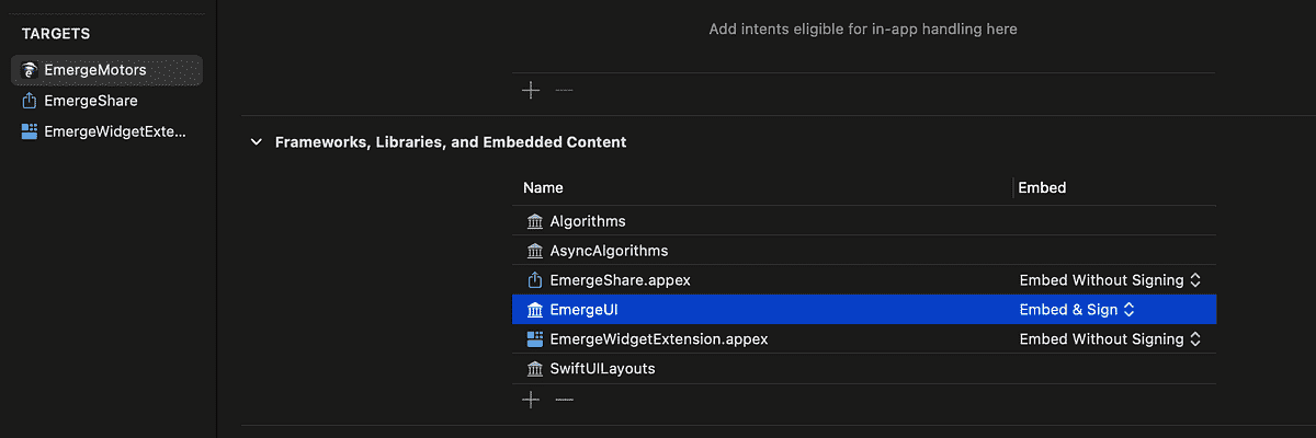 Selecting Embed And Sign in Xcode