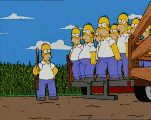 Many clones of Homer Simpson falling out of a truck